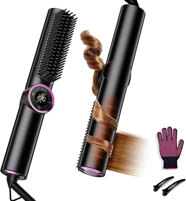 Hair Straightener Brush for Women Negative Ionic 3-in-1 Curling & Straightening Brush, Ceramic Hot Comb with 15 Temps